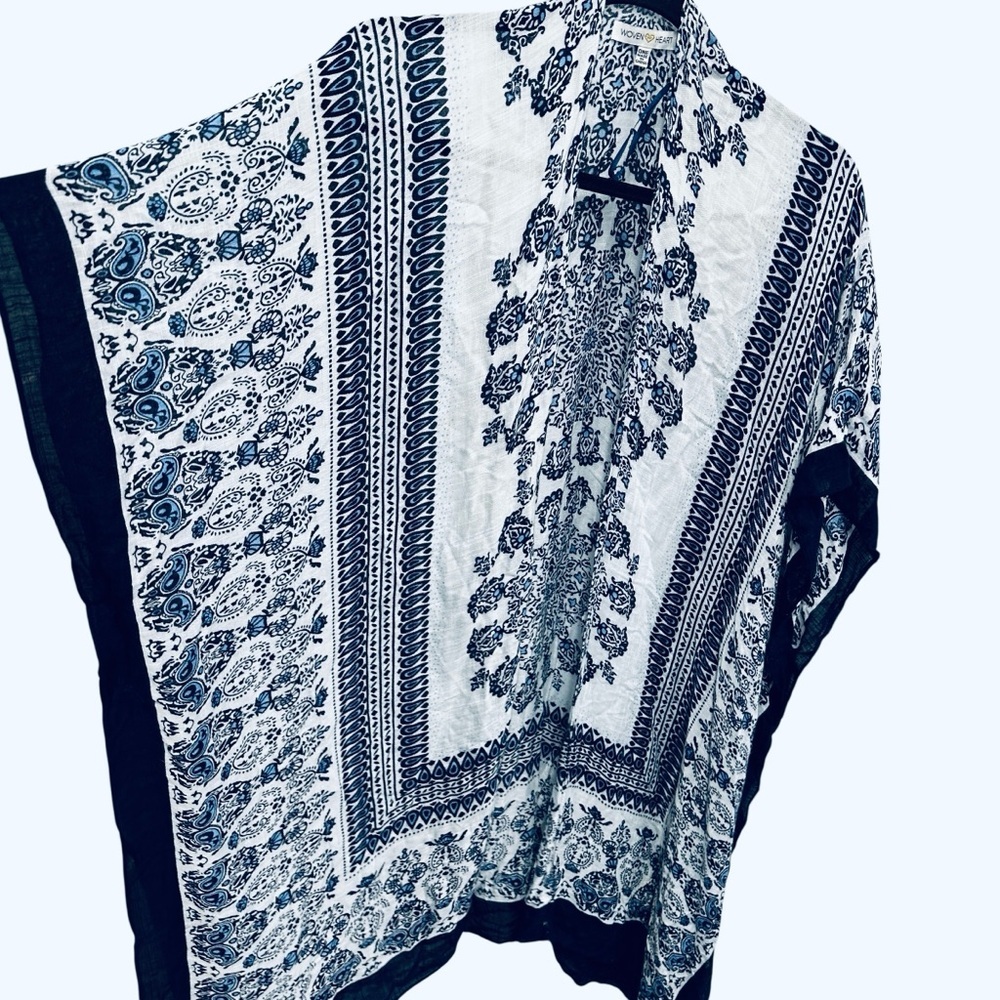 Woven Heart blue white boho kimono beach cover up flowy pool summer vacation - Picture 8 of 13